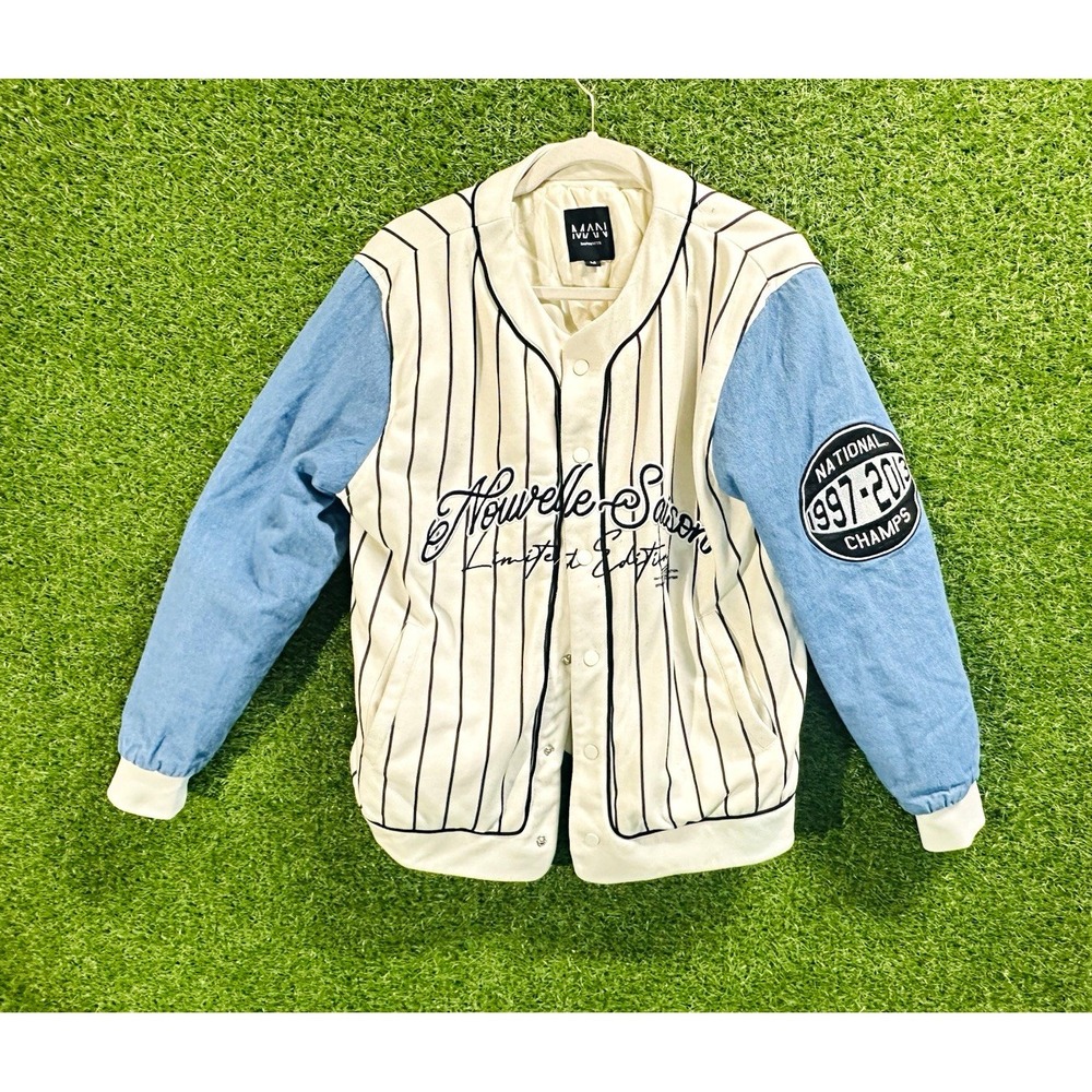 boohooMAN Pour Homme Worldwide Varsity Jacket Men M Blue Cream *Limited Edition*